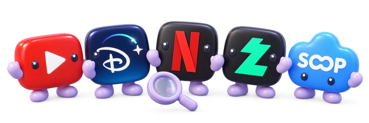YouTube, Disney+, Netflix, 치지직, SOOP 아이콘을 토이 캐릭터로 표현한 모습